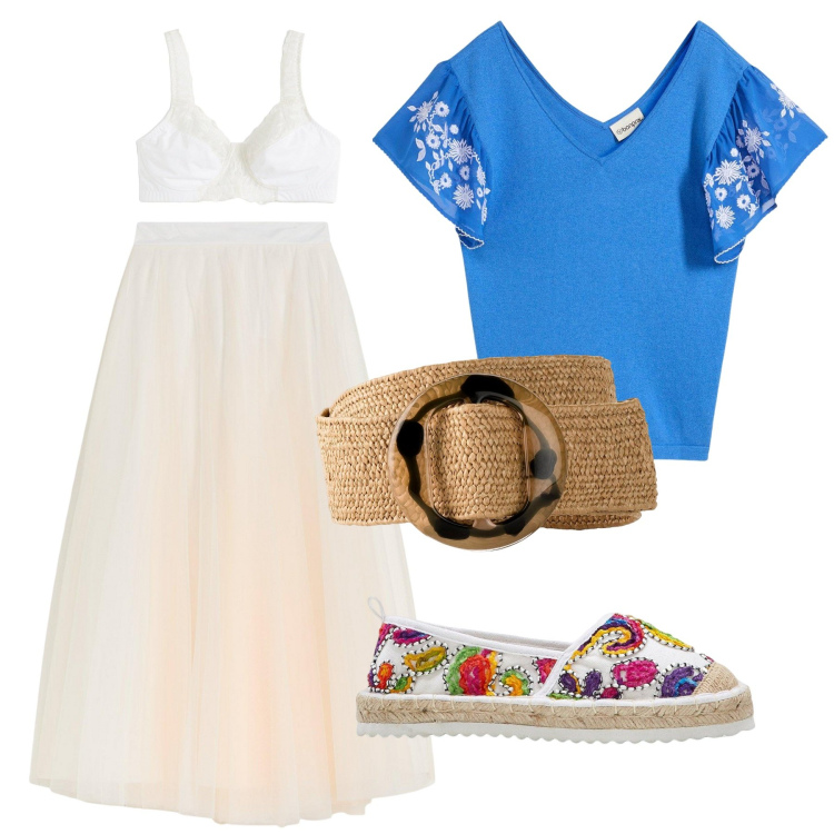 Outfit donna - Fresca d\'estate!. Stile Romantica per Tutti i giorni. Abbinamento con gonne lunghe, espadrillas, cinture, top, reggiseni.