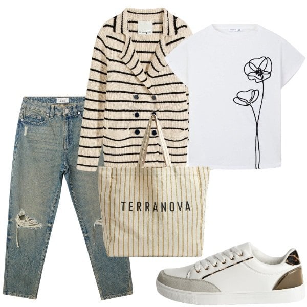 Outfit donna - La giacca a righe. Stile Casual per Tutti i giorni. Abbinamento con cardigans, jeans mom, sneakers, t-shirt, borse tote.