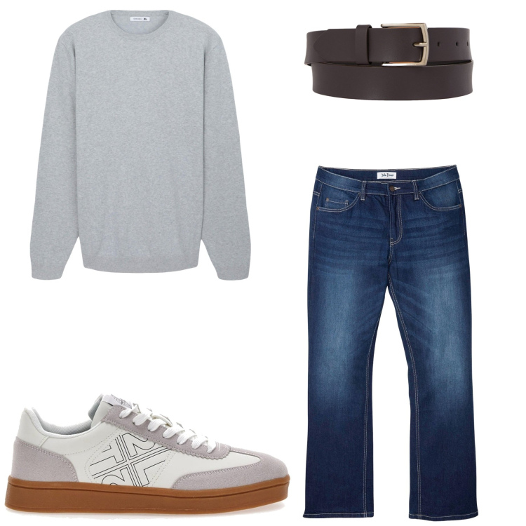Outfit uomo - Basic style. Stile Casual per Tutti i giorni. Abbinamento con jeans bootcut, maglieria, cinture, sneakers.