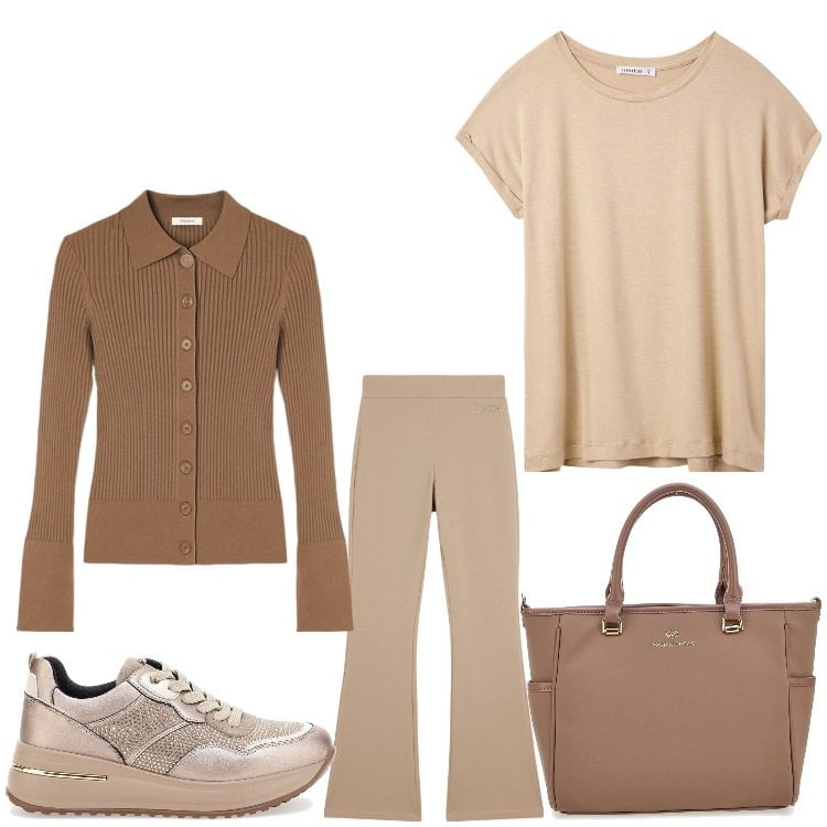 Outfit donna - Every day. Stile Sporty chic per Tutti i giorni. Abbinamento con t-shirt, pantaloni, borse a tracolla, cardigans, sneakers.