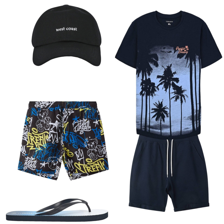 Outfit uomo - Finalmente al mare!. Stile Casual per Mare. Abbinamento con pantaloni corti, costumi, t-shirt, cappelli con visiera, sandali.