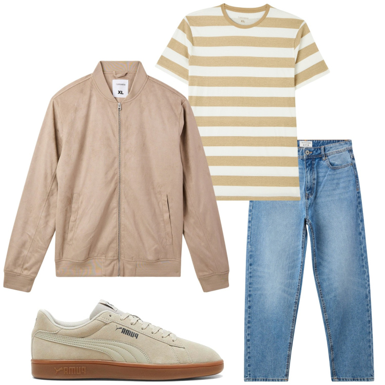 Outfit uomo - In città. Stile Casual per Tutti i giorni. Abbinamento con t-shirt, jeans, bomber, sneakers.