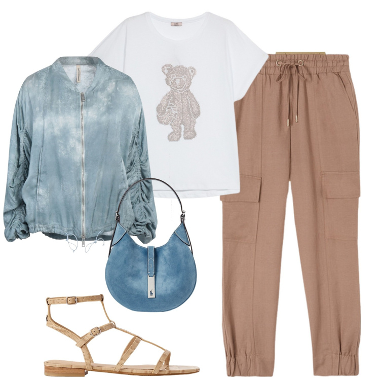 Outfit donna - City. Stile Casual chic per Tutti i giorni. Abbinamento con blazer, pantaloni cargo, borse a spalla, sandali alla schiava, t-shirt, camicie.