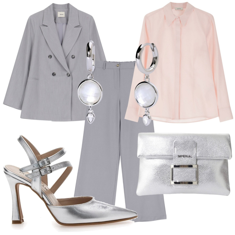 Outfit donna - Il tailleur confortevole e raffinato. Stile Minimal per Cerimonia. Abbinamento con orecchini, pochette, pantaloni a palazzo, camicie, blazer, décolleté.
