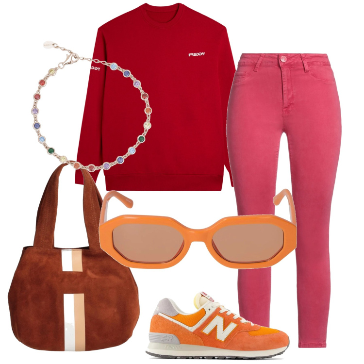 Outfit donna - Esco per un the. Stile Casual chic per Tutti i giorni. Abbinamento con borse a mano, pantaloni, braccialetti, sneakers, felpe, occhiali da sole.