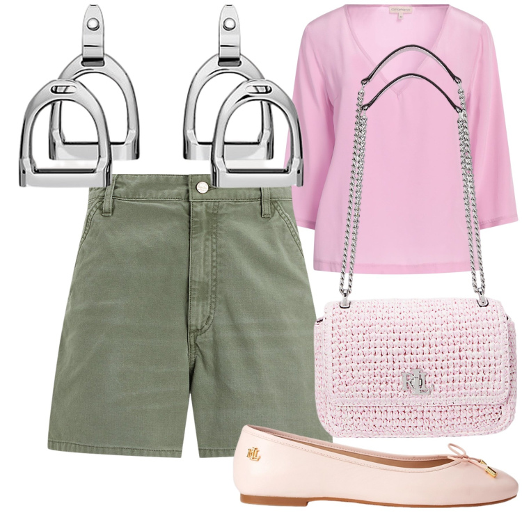 Outfit donna - In relax con amici al bar. Stile Casual chic per Tutti i giorni. Abbinamento con top, orecchini, ballerine, borse a spalla, pantaloni corti.