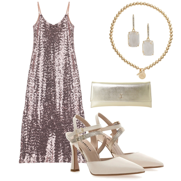 Outfit donna - Una cena romantica. Stile Chic per Serata fuori. look ideale per Tall. Abbinamento con vestiti, pochette, collane, orecchini, décolleté.