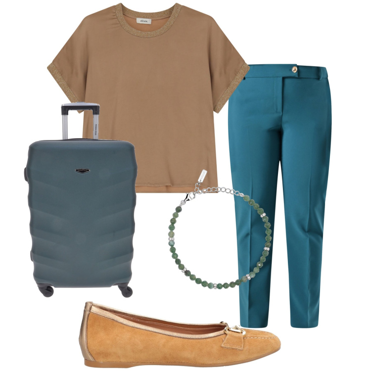 Outfit donna - In partenza. Stile Basic per Tutti i giorni. Abbinamento con ballerine, t-shirt, braccialetti, pantaloni, valigie.