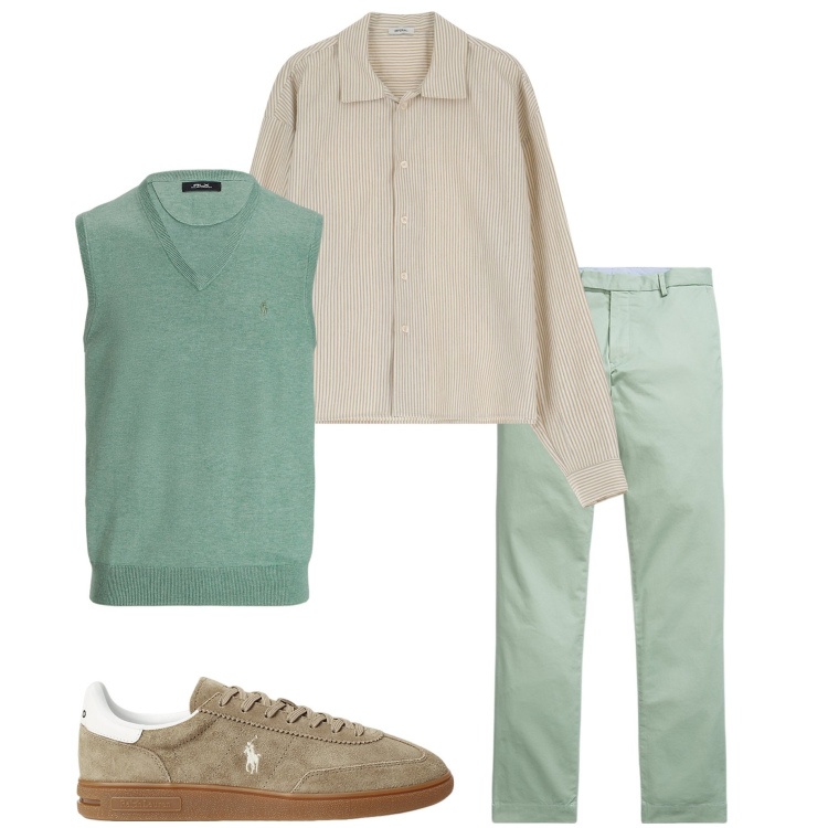 Outfit uomo - Casual chic. Stile Urban per Tutti i giorni. Abbinamento con camicie, pantaloni chino, sneakers, maglieria.