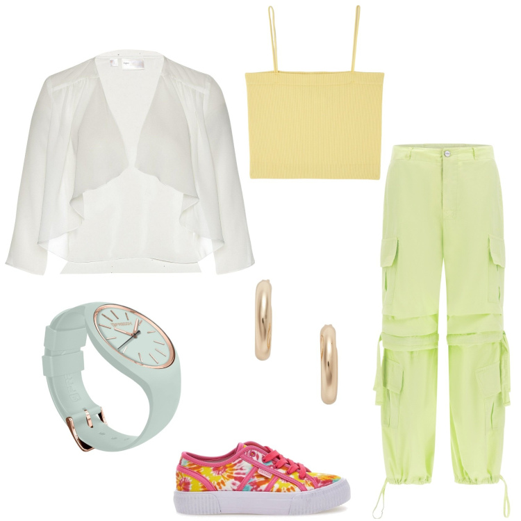 Outfit donna - Libertà. Stile Basic per Tutti i giorni. Abbinamento con blazer, canottiere, pantaloni cargo, orologi, orecchini, sneakers.