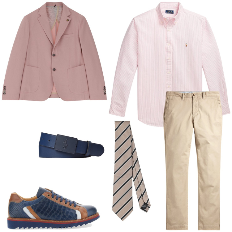 Outfit uomo - In ufficio con blazer rosa. Stile Urban per Ufficio. Abbinamento con cravatte, giacche, pantaloni, camicie, cinture, scarpe stringate.