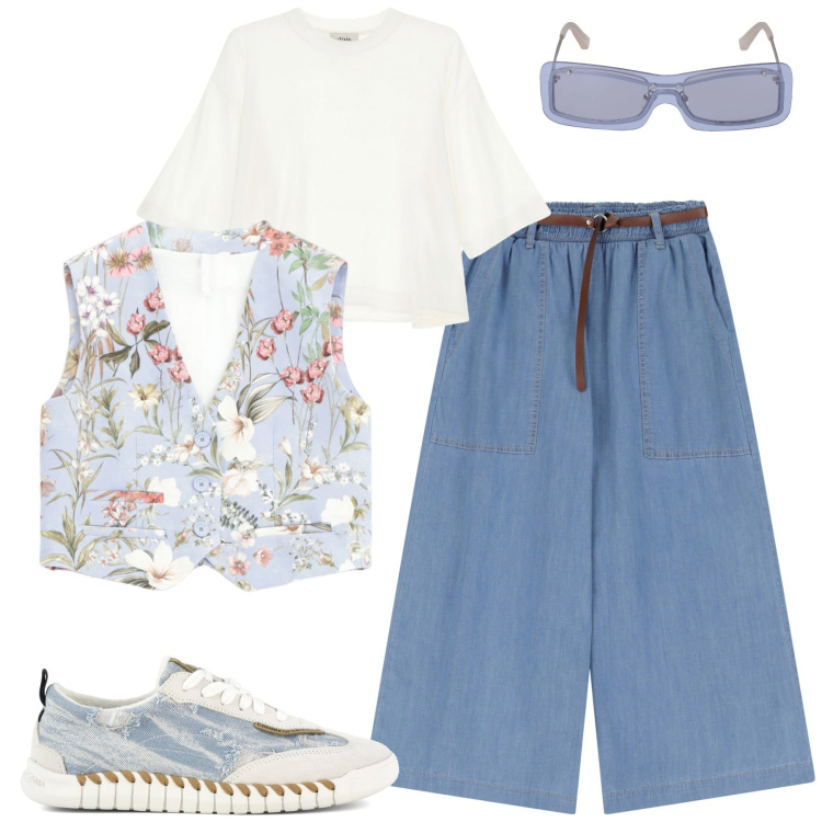 Outfit donna - City. Stile Casual per Tutti i giorni. Abbinamento con jeans, gilet, t-shirt, sneakers, occhiali da sole.