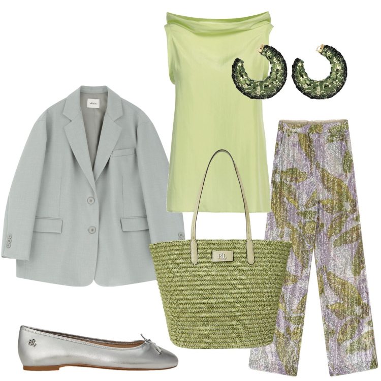 Outfit donna - Casual chic. Stile Casual chic per Tutti i giorni. Abbinamento con top, pantaloni a palazzo, blazer, ballerine, borse tote, orecchini.