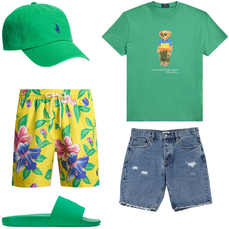 Outfit uomo - Finalmente al mare!. Stile Casual per Mare. Abbinamento con bermuda, cappelli, t-shirt, costumi, sandali.