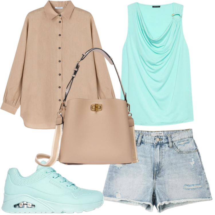 Outfit donna - Top drappeggiato. Stile Glamour per Tutti i giorni. Abbinamento con shorts, sneakers, top, borse a secchiello, camicie.