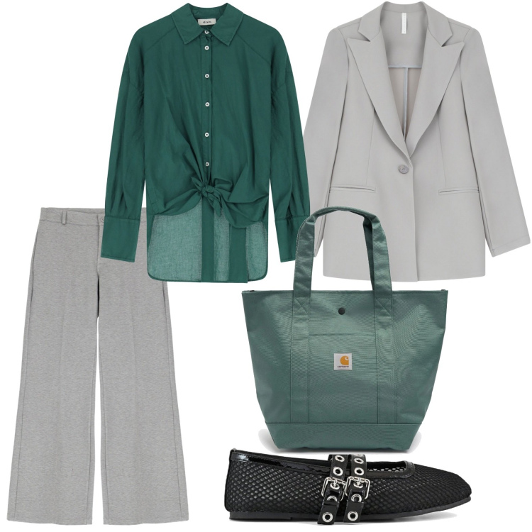 Outfit donna - Bosco e grigio fumo. Stile Bon Ton per Ufficio. Abbinamento con pantaloni a palazzo, blazer, camicie, ballerine, borse tote.