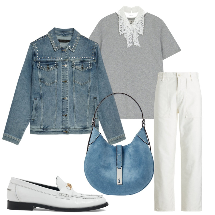 Outfit donna - Il giubbino in jeans decorato. Stile Minimal per Ufficio. Abbinamento con t-shirt, borse a spalla, pantaloni, blazer, mocassini.