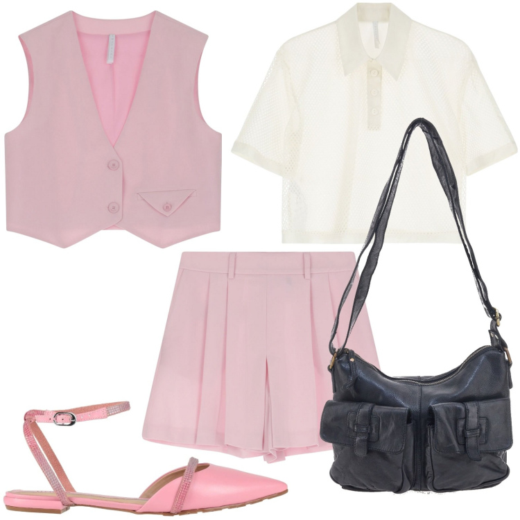 Outfit donna - Il carisma del rosa. Stile Minimal per Tutti i giorni. Abbinamento con ballerine, gonne, t-shirt, gilet, borse a tracolla.