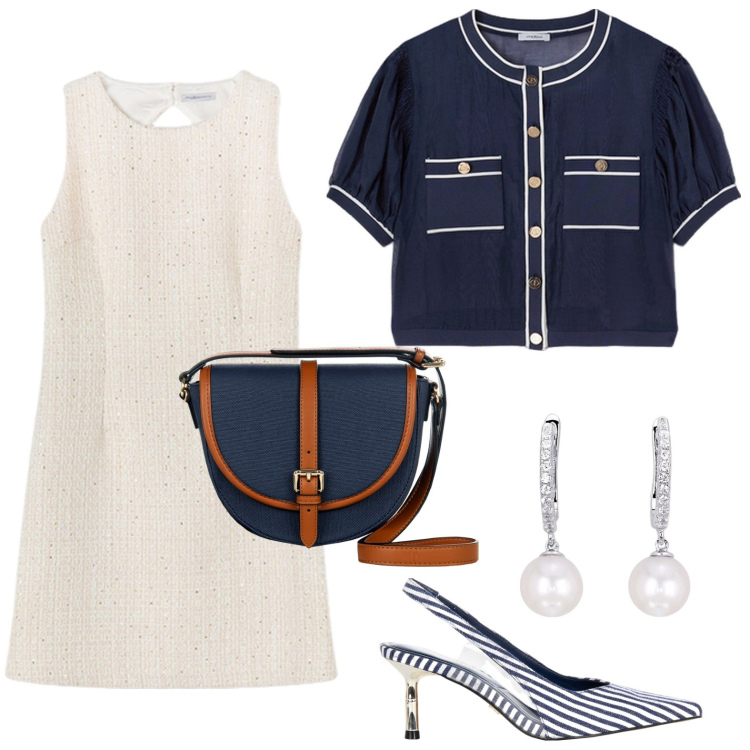 Outfit donna - Perle e righe. Stile Glamour per Ufficio. Abbinamento con orecchini, décolleté, borse a tracolla, vestiti a tubino, cardigans.