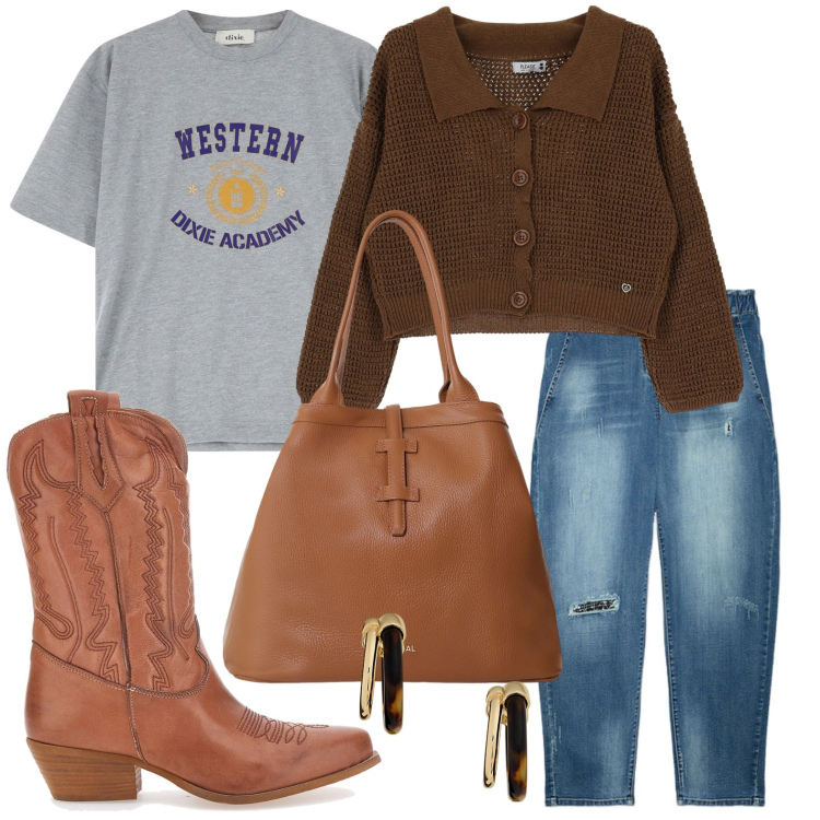 Outfit donna - Rodeo city. Stile Minimal per Tutti i giorni. Abbinamento con cardigans, borse tote, t-shirt, orecchini, jeans dritti, stivaletti.