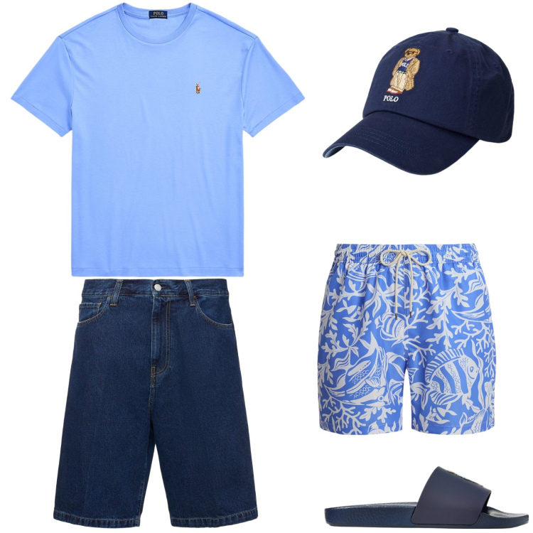 Outfit uomo - Finalmente al mare!. Stile Casual per Mare. Abbinamento con t-shirt, cappelli, costumi, sandali, shorts.