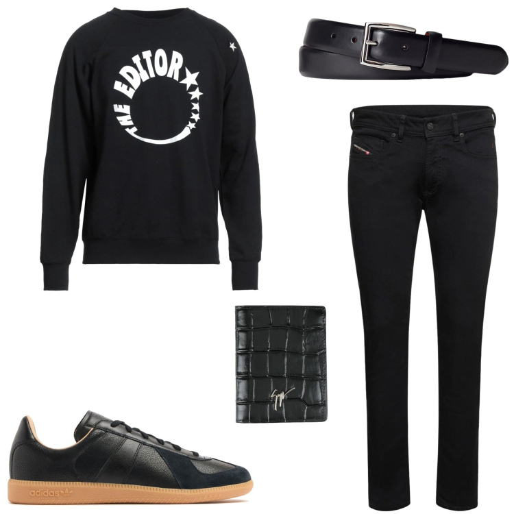 Outfit uomo - Total black. Stile Casual per Tutti i giorni. Abbinamento con felpe, portafogli, cinture, jeans skinny, sneakers.