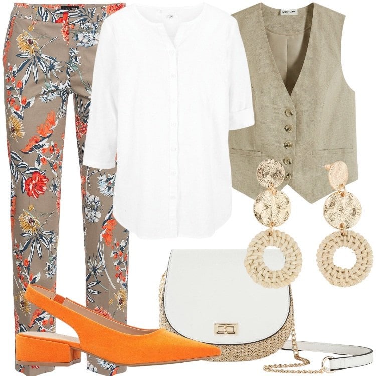 Outfit donna - Fantasia in orange. Stile Casual chic per Tutti i giorni. Abbinamento con pantaloni, camicie, décolleté, borse a tracolla, orecchini, gilet.