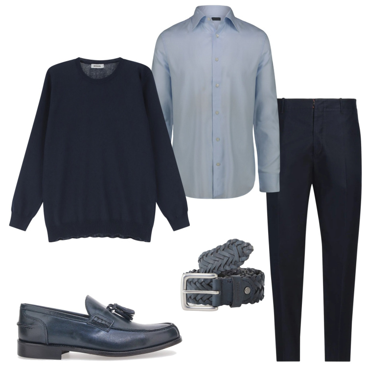Outfit uomo - In ufficio. Stile Business/Elegante per Ufficio. Abbinamento con pantaloni, maglieria, cinture, scarpe stringate, camicie.