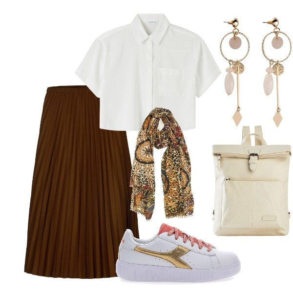 Outfit donna - Sneakers e gonna plissettata. Stile Casual chic per Serata fuori. Abbinamento con orecchini, zaini, camicie a manica corta, sneakers, gonne longuette, foulard.