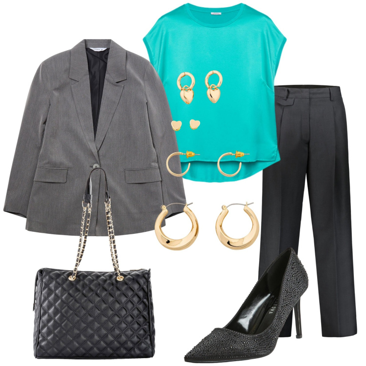 Outfit donna - Un tocco di colore. Stile Bon Ton per Ufficio. Abbinamento con shopping bag, orecchini, décolleté, blazer, pantaloni, bluse.