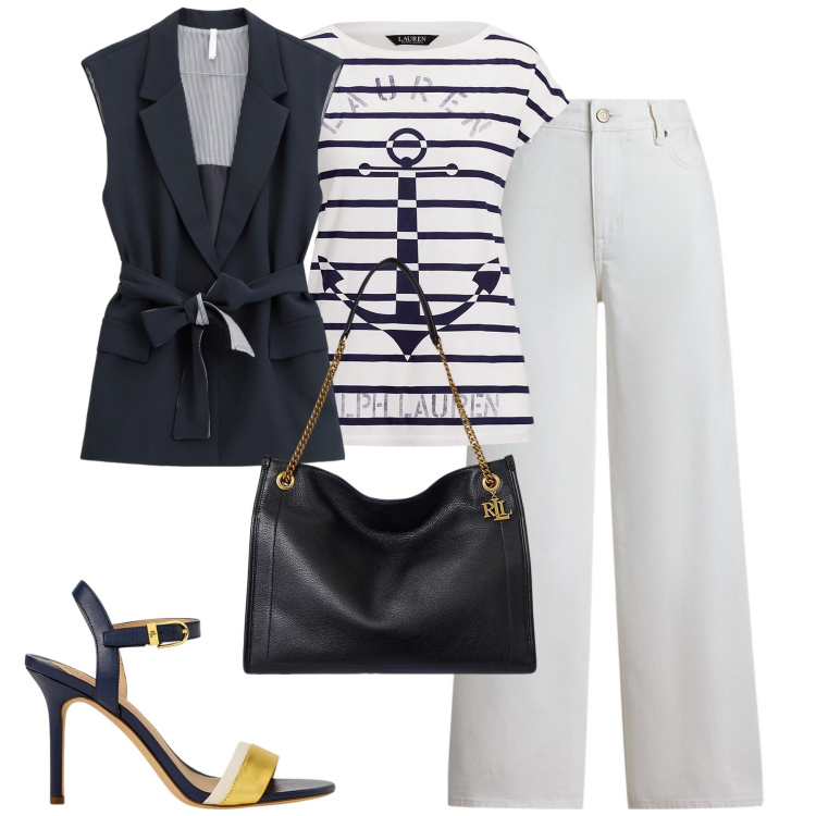 Outfit donna - Mariniere. Stile Casual chic per Tutti i giorni. Abbinamento con gilet, borse tote, sandali in pelle, jeans, t-shirt.