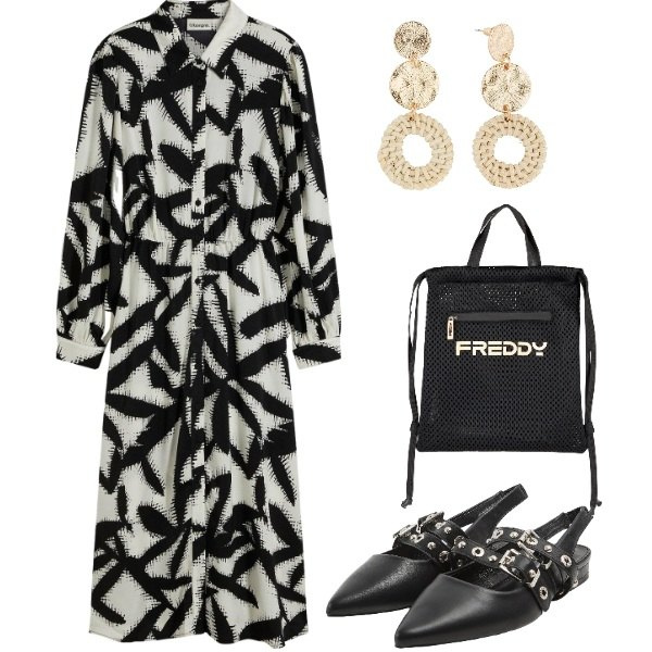 Outfit donna - Pizza tra amici. Stile Casual per Serata fuori. Abbinamento con vestiti midi/longuette, orecchini, sabot, zaini.