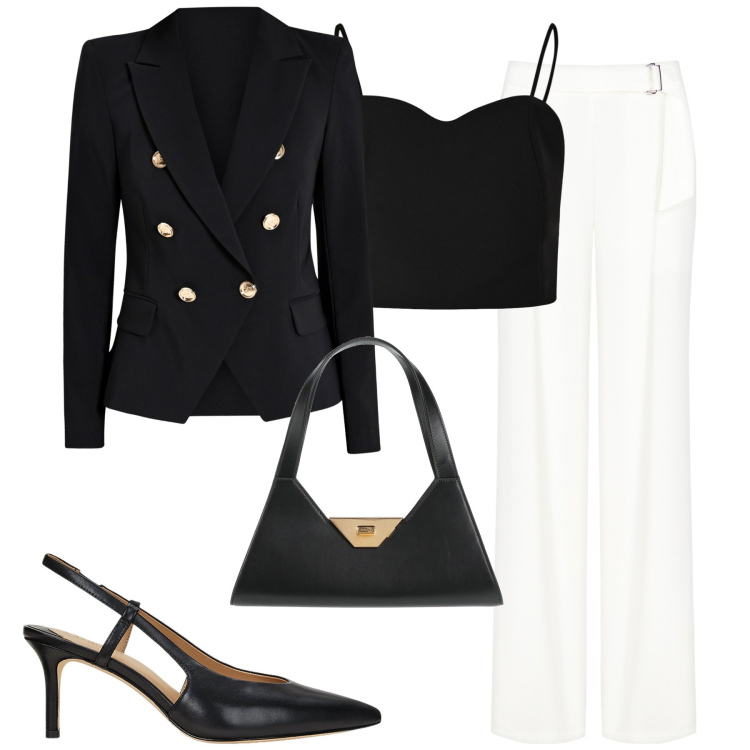 Outfit donna - B&w. Stile Chic per Serata fuori. Abbinamento con borse a mano, blazer, pantaloni, top, décolleté.