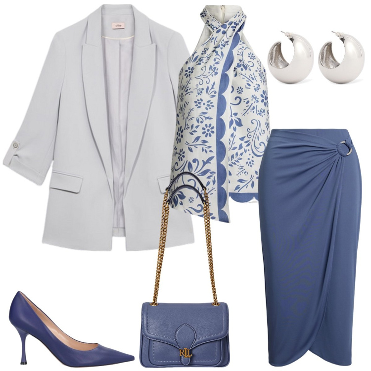 Outfit donna - Avion chic. Stile Chic per Ufficio. Abbinamento con décolleté, gonne, borse a spalla, top, orecchini, blazer.