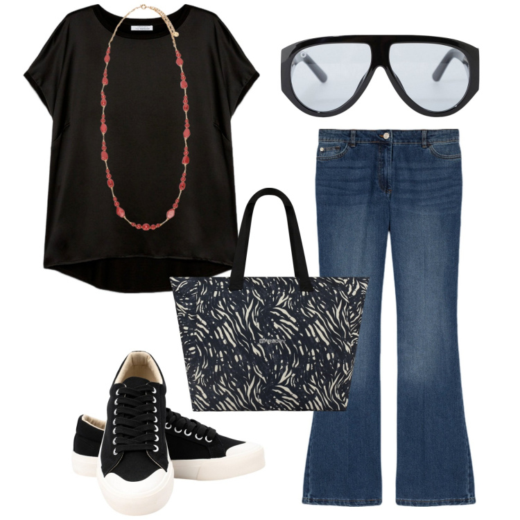 Outfit donna - Total look #2123933. Stile Trendy per Tutti i giorni. Abbinamento con occhiali da sole, shopping bag, sneakers, collane, bluse, jeans.