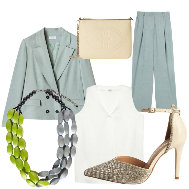 Outfit donna - Verde salvia. Stile Chic per Cerimonia. Abbinamento con décolleté, collane, top, pantaloni a palazzo, pochette, blazer.