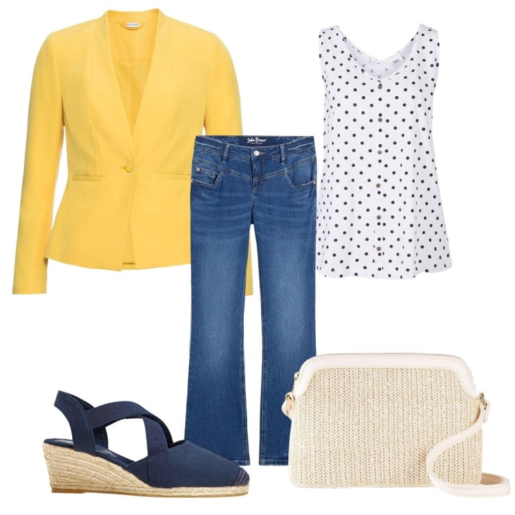 Outfit donna - Bonprix everyday. Stile Casual chic per Tutti i giorni. Abbinamento con top, blazer, jeans bootcut, sandali col tacco, borse a tracolla.
