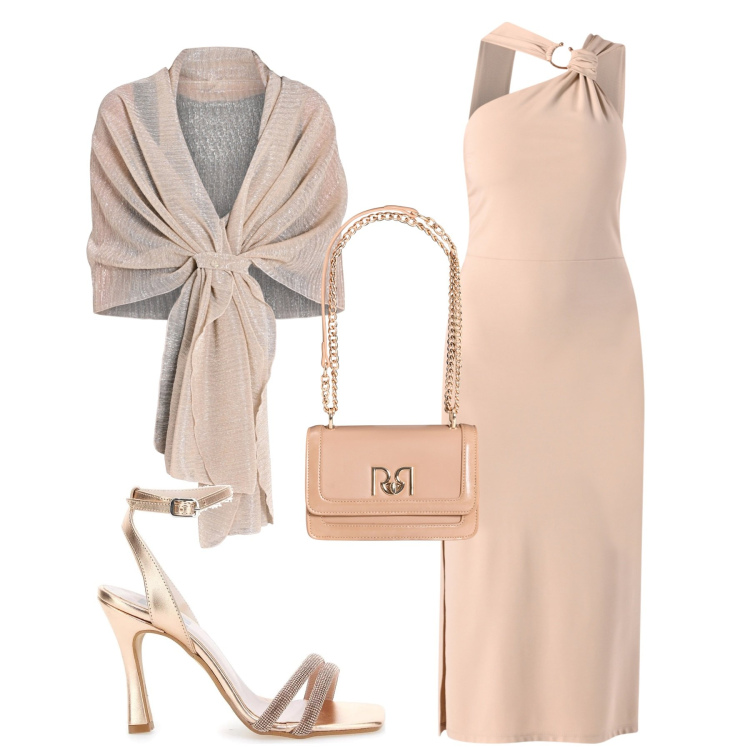 Outfit donna - Serata. Stile Chic per Serata fuori. Abbinamento con stole, vestiti asimmetrici, borse a tracolla, sandali col tacco.