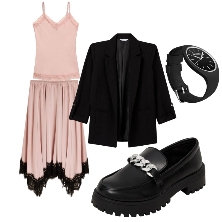 Outfit donna - Il rosa che sta bene a tutti. Stile Bon Ton per Serata fuori. Abbinamento con mocassini, blazer, orologi, gonne, top.