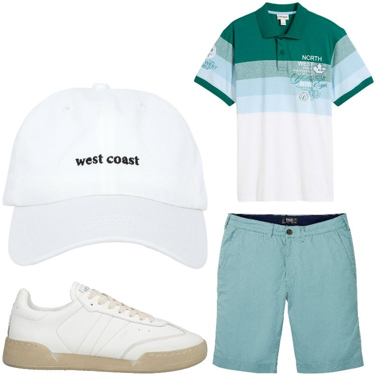 Outfit uomo - West coast. Stile Casual per Tutti i giorni. Abbinamento con bermuda, polo, sneakers, cappelli.