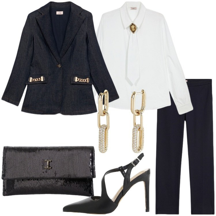 Outfit donna - Il tailleur nero elegante. Stile Chic per Serata fuori. Abbinamento con orecchini, borse a tracolla, décolleté, blazer, pantaloni, camicie.