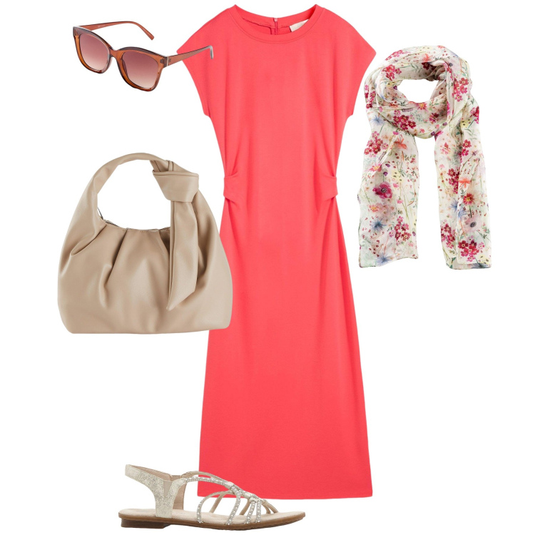 Outfit donna - Hot summer!!!. Stile Glamour per Tutti i giorni. Abbinamento con vestiti, foulard, borse a mano, sandali, occhiali da sole.