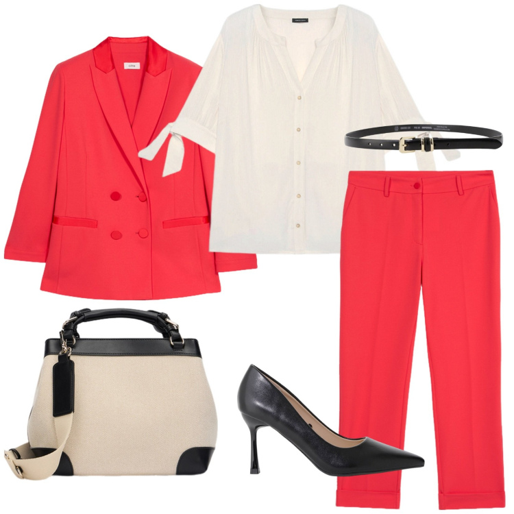 Outfit donna - Pranzo formale. Stile Chic per Cerimonia. Abbinamento con décolleté, cinture, camicie, pantaloni, blazer, borse a mano.
