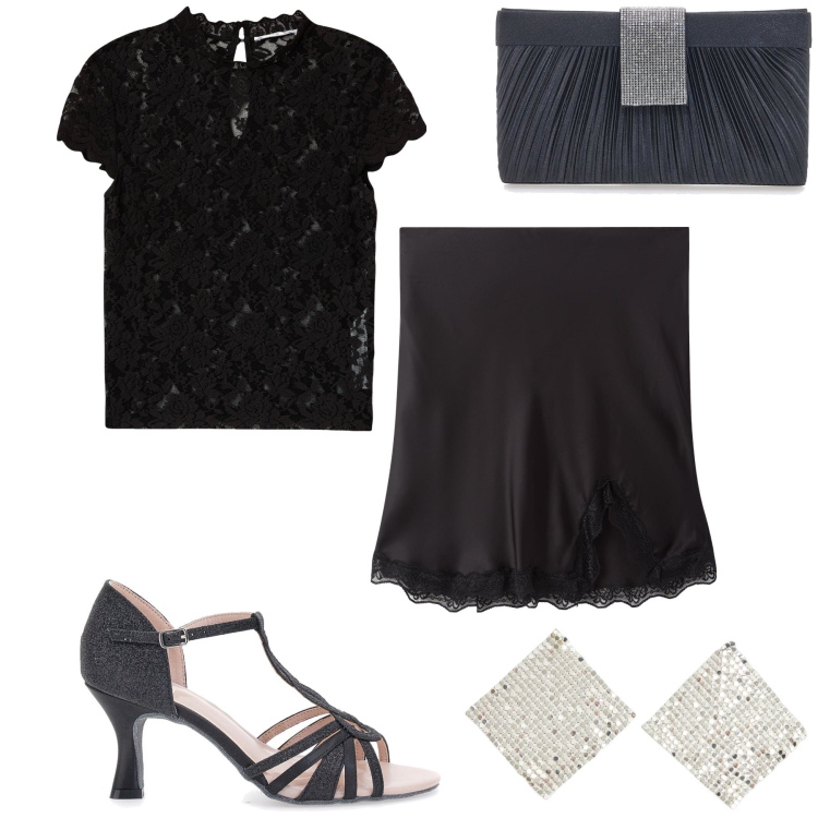 Outfit donna - Pazza per il pizzo. Stile Chic per Serata fuori. Abbinamento con gonne, orecchini, t-shirt, décolleté, pochette.