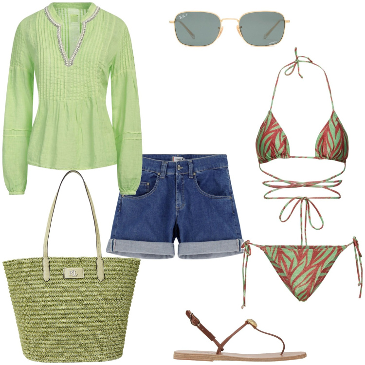 Outfit donna - Finalmente al mare!. Stile Casual per Mare. Abbinamento con top, infradito, shorts, borse tote, occhiali da sole, bikini.