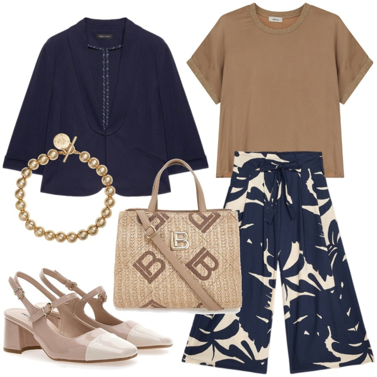 Outfit donna - Chic in blu e colori neutri. Stile Chic per Cerimonia. Abbinamento con t-shirt, braccialetti, blazer, décolleté, gonne, borse a tracolla.