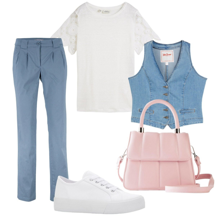Outfit donna - Summer vibes. Stile Sporty chic per Tutti i giorni. Abbinamento con pantaloni chino, gilet, sneakers, maglieria, borse a tracolla.
