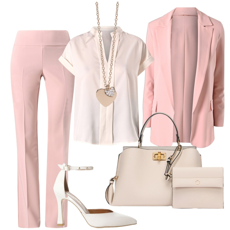 Outfit donna - Battesimo in rosa cipria. Stile Chic per Cerimonia. Abbinamento con pantaloni, blazer, bluse, ciondoli, décolleté, borse a mano.