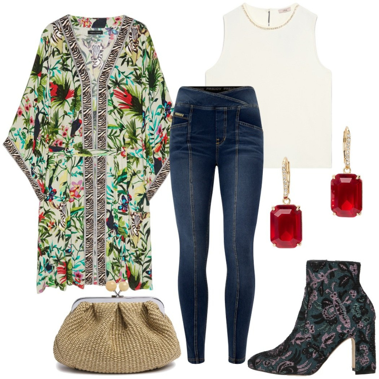 Outfit donna - Jungle style. Stile Etnico per Serata fuori. Abbinamento con stivaletti, jeans skinny, orecchini, caftani, pochette, top.