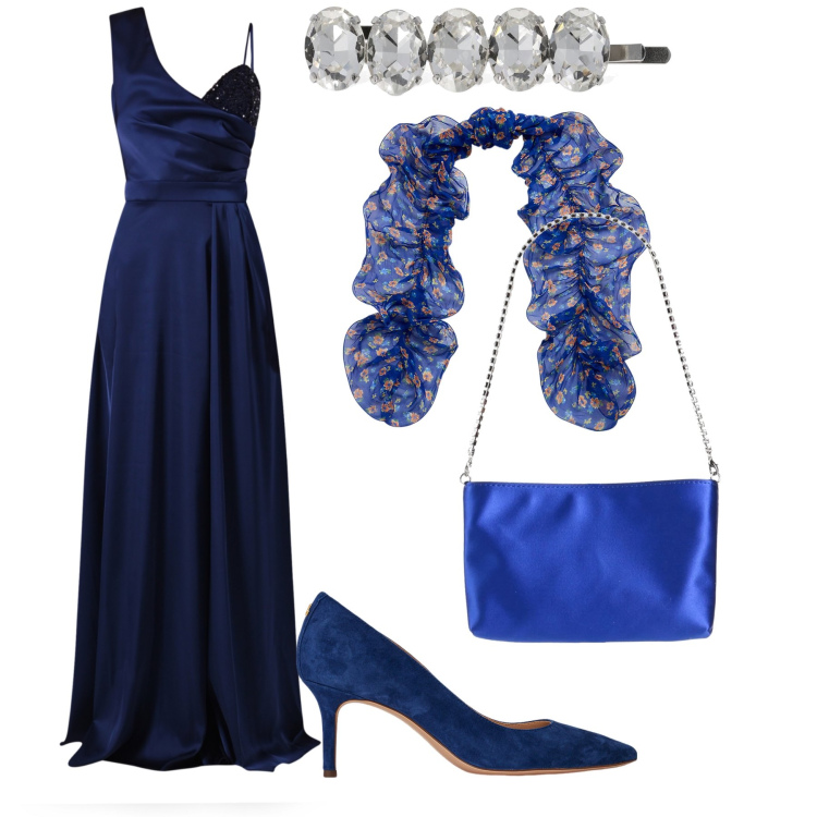 Outfit donna - Eleganza in blu. Stile Glamour per Cerimonia. Abbinamento con borse a mano, vestiti lunghi, décolleté, sciarpe, accessori per capelli.